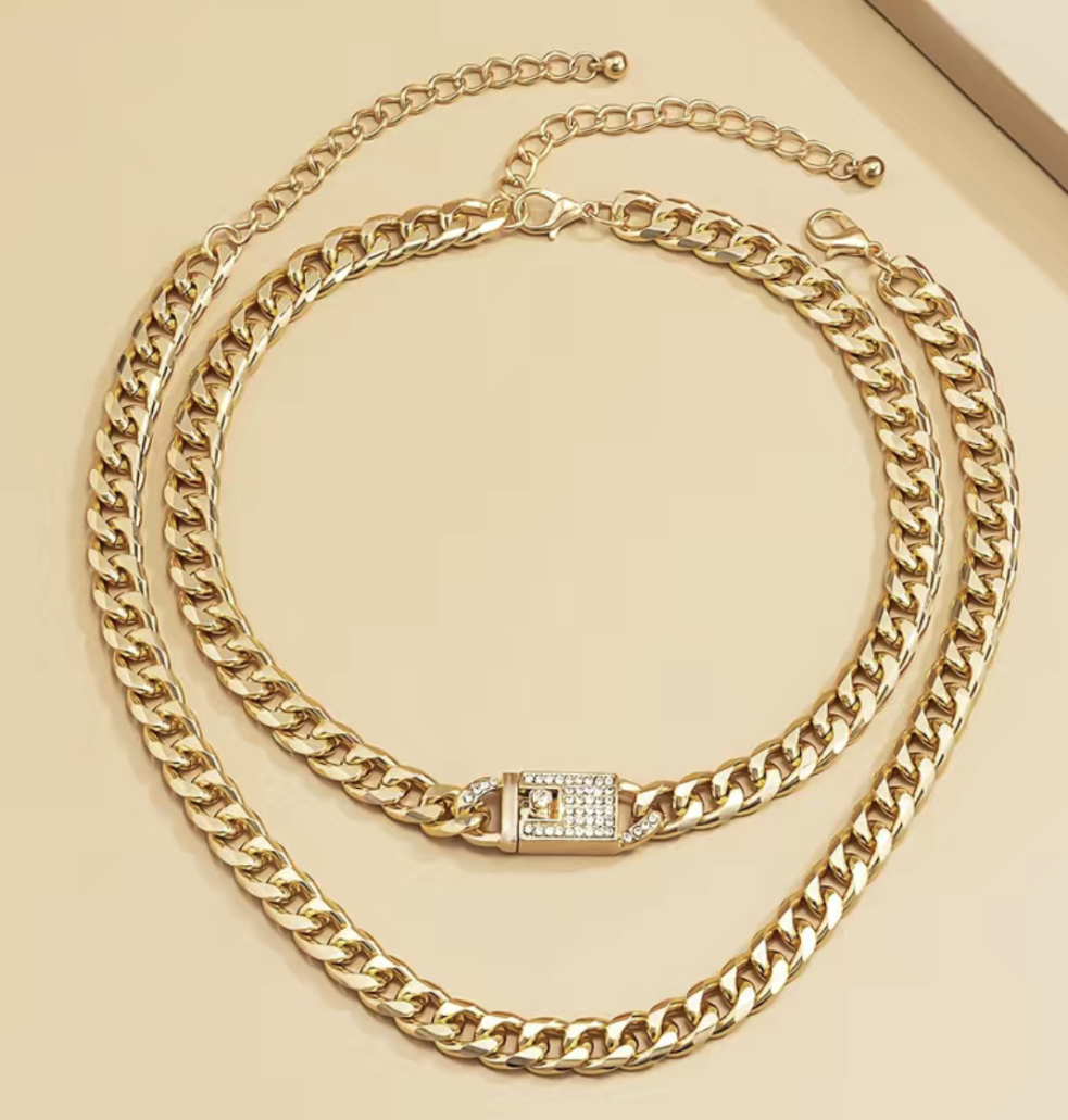 2 Pcs Chunky Chain Necklace Inlaid Shiny Rhinestone Adjustable Hip Hop Style Punk Necklace Set - Panther®