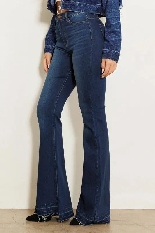 High Rise Flare Jean W Faded Wash Hem Detail - Image #5