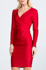 long sleeve shiny tricot overlap midi dress