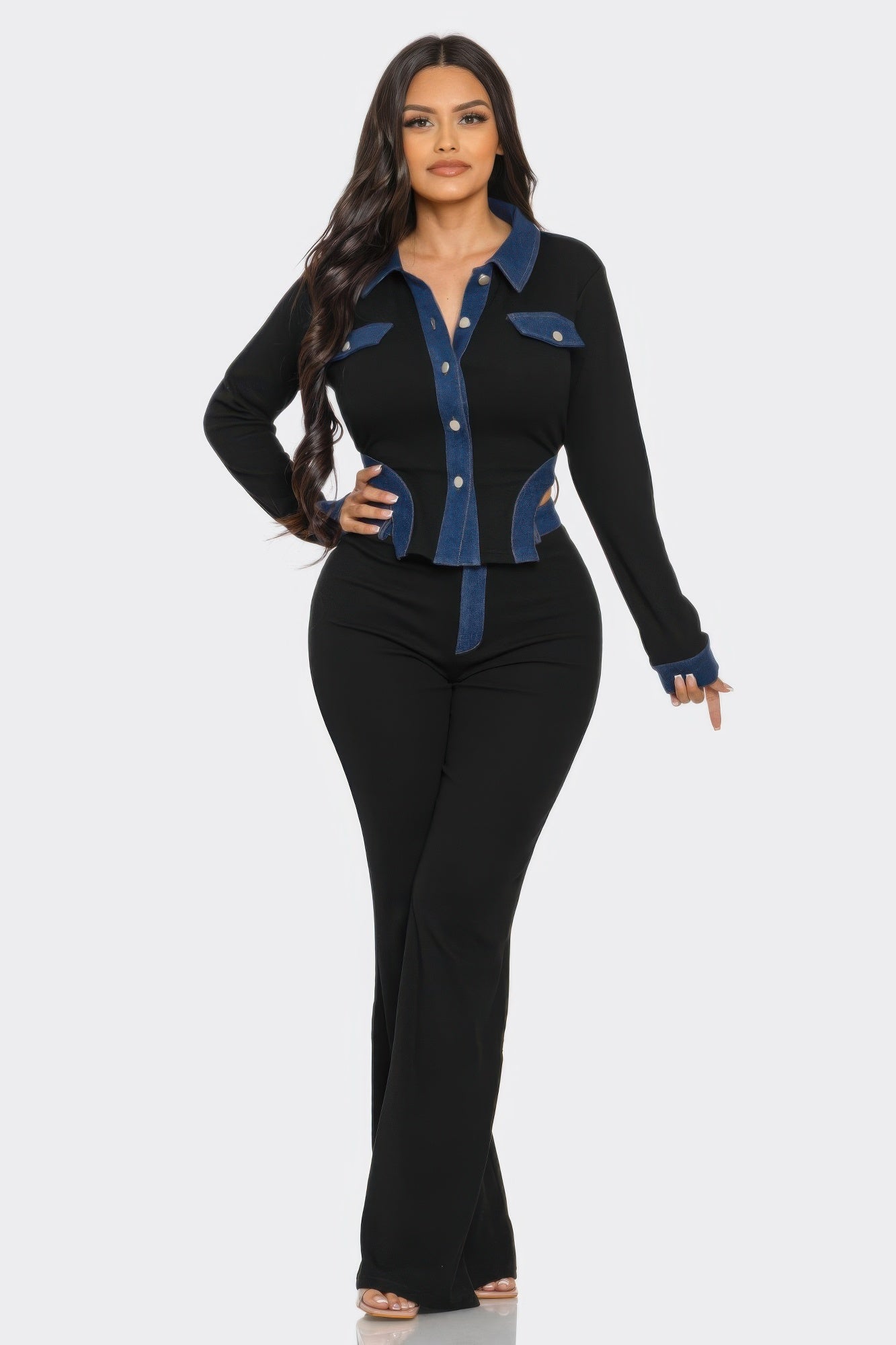 Denim Contrast Pants Set