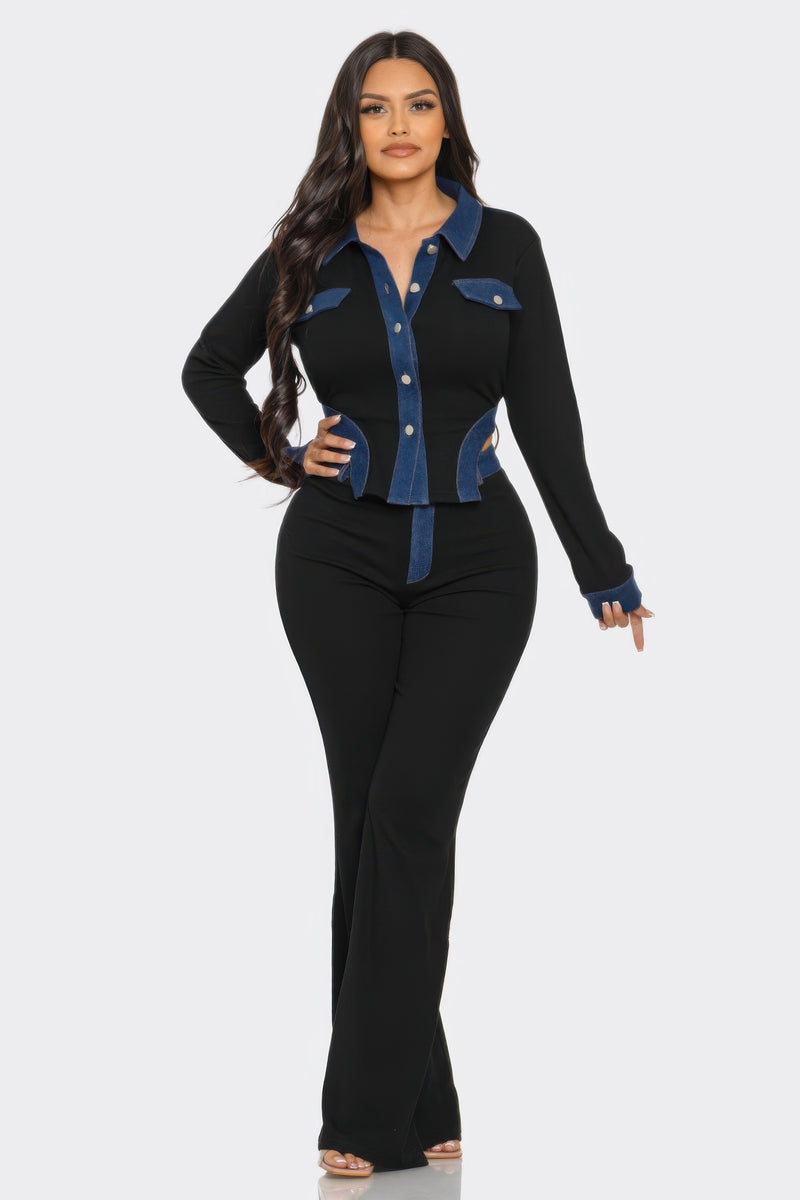 Denim Contrast Pants Set