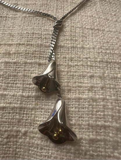 Sterling Silver Floral Drop Necklace - Silver