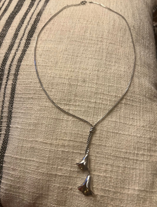 Sterling Silver Floral Drop Necklace - Silver