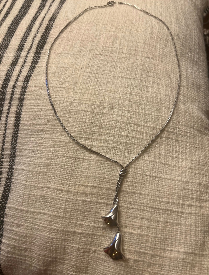 Sterling Silver Floral Drop Necklace - Silver