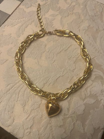 Gold Heart Charm Chunky Chain Necklace - Women's Jewelry