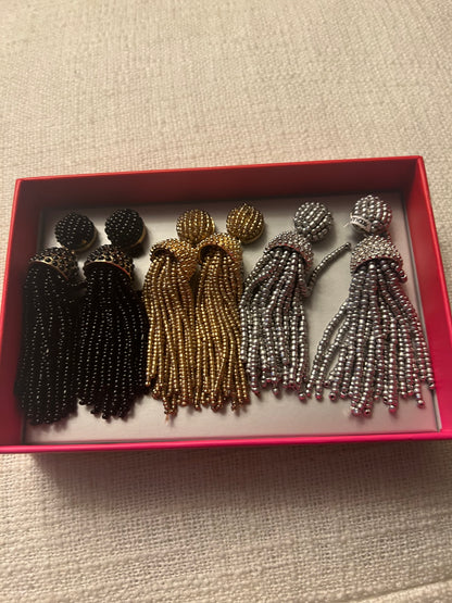 BaubleBar Black, Gold & Silver Beaded Tassel Earring Set