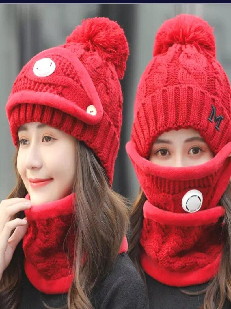 Women Winter Knit 3pcs Hat Set with Breathing Valve