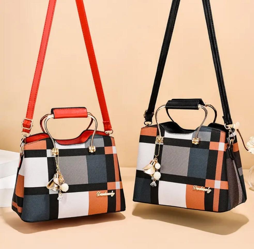 Women's Colorblock Plaid Pattern Pendant Decor Shoulder Bag, Crossbody Bag, Handbag - Panther®