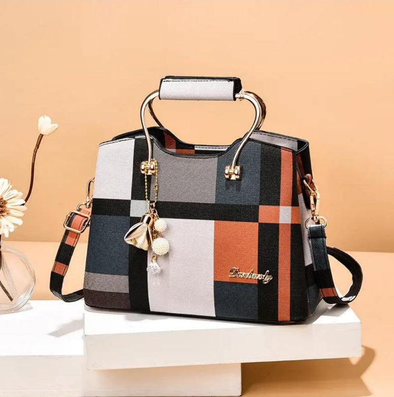 Women's Colorblock Plaid Pattern Pendant Decor Shoulder Bag, Crossbody Bag, Handbag