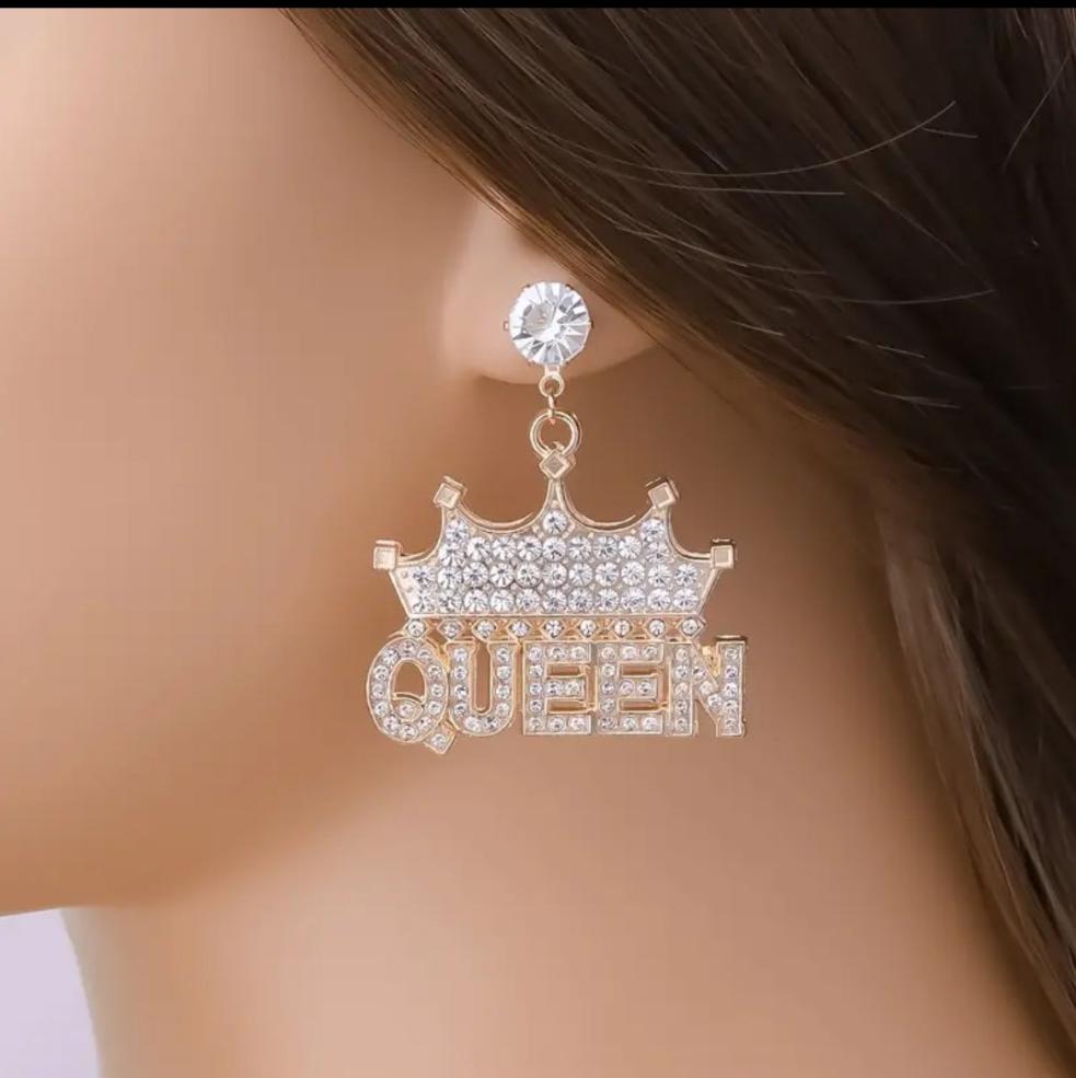 Exaggerated Rhinestone Drop Earrings Queen Letter Pendant Shiny Dangle Earrings All-match Women's Ear Jewelry