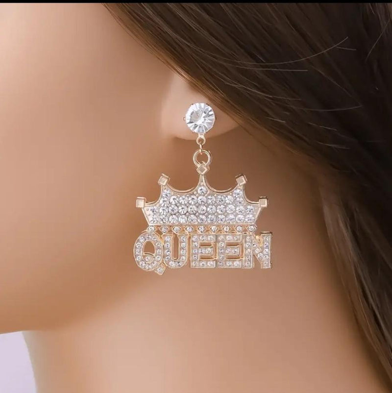 Exaggerated Rhinestone Drop Earrings Queen Letter Pendant Shiny Dangle Earrings All-match Women's Ear Jewelry
